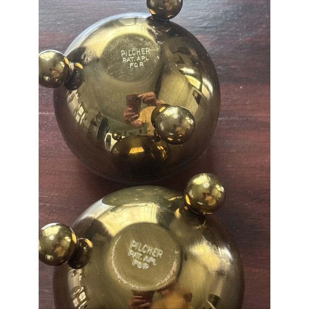 MCM Pilcher Brass Footed Orb Candlestick Holder Round Vintage Pair